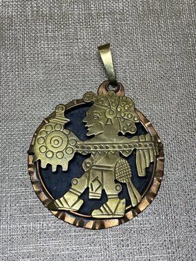 Vintage Mexican Aztec Mayan Style Brass Copper Pendant Mexico Crown Mark 50mm